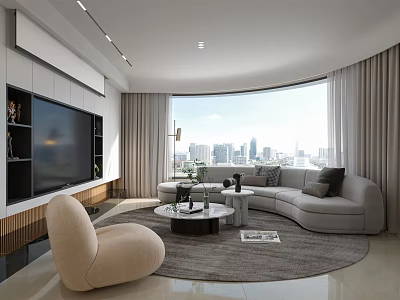 Modern Living Dining Room with City View Curved Sofa Beige Armchair Round Coffee Table 3d model