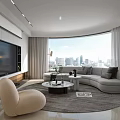 Modern Living Dining Room with City View Curved Sofa Beige Armchair Round Coffee Table
