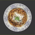 Delicious Spaghetti With Tomato Sauce Ground Meat Cheese And Parsley On Blue White Patterned Plate