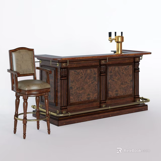 Vintage Wooden Bar Counter Design With High Chair And Golden Faucet 3d model 