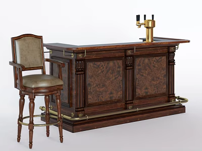 Vintage Wooden Bar Counter Design With High Chair And Golden Faucet 3d model
