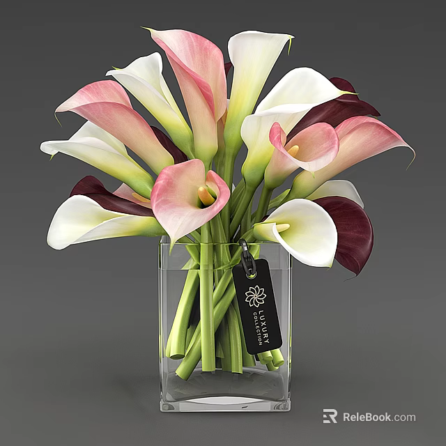 Pastel Pink White and Dark Purple Calla Lilies in Transparent Glass Vase with Decorative Tag 3d model 