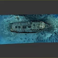 Old Sunken Ship As Water Transport In Blue Underwater Coral Reef Environment