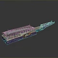 Detailed Building Model With Long Dark Roof Columns And Connected Platform Structure