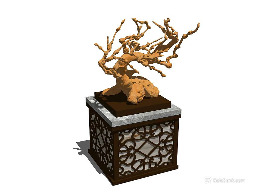 Decorative Ornament Combination With Wooden Branch Shaped Sculpture And Carved Square Base Featuring Marble Top 3d model 