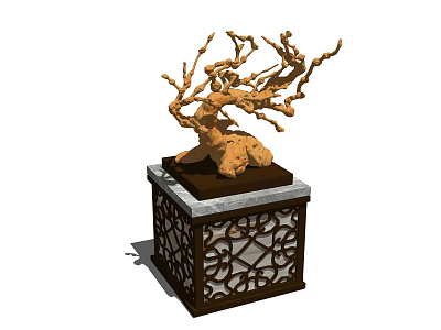 Decorative Ornament Combination With Wooden Branch Shaped Sculpture And Carved Square Base Featuring Marble Top 3d model