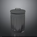 Silver Metal Trash Can With Lid And Vertical Stripes On Dark Reflective Surface