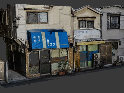 Old Traditional Storefront Buildings Featuring Blue Awning Windows Doors Japanese Signage and Plants 3d model