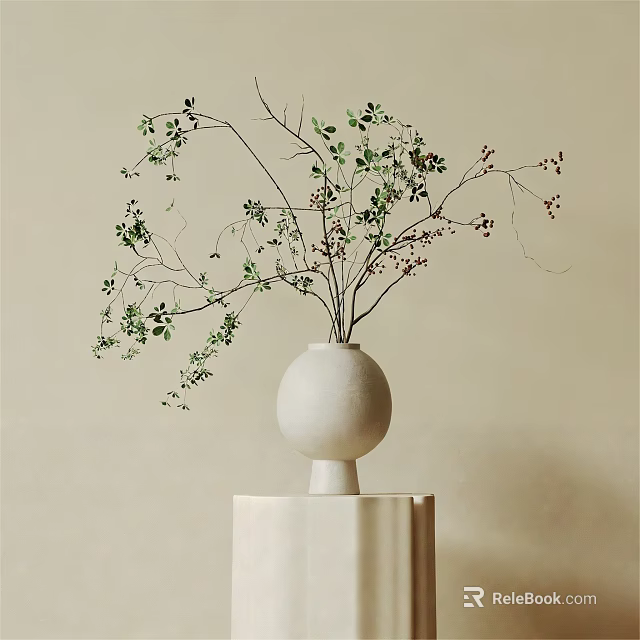 White Ceramic Vase With Green Branches And Small Berries On Pedestal Stand 3d model 