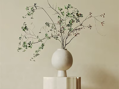 White Ceramic Vase With Green Branches And Small Berries On Pedestal Stand 3d model