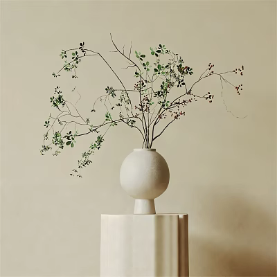 White Ceramic Vase With Green Branches And Small Berries On Pedestal Stand 3d model
