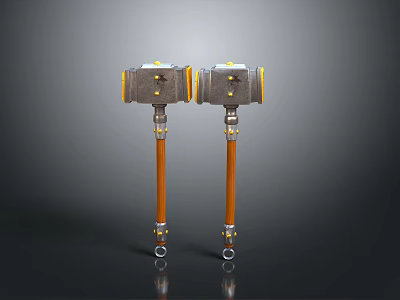 Two Industrial Valves Featuring Yellow Gray Components Orange Stems And Circular Interfaces 3d model