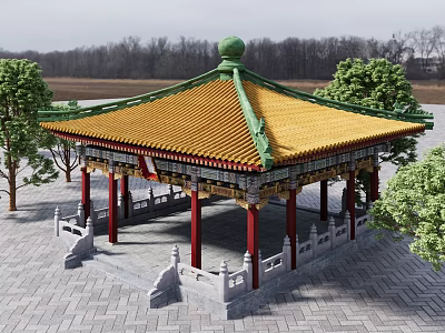 Ancient Architectural Pavilion With Yellow Roof Green Eaves Red Pillars Stone Pavement And Trees 3d model