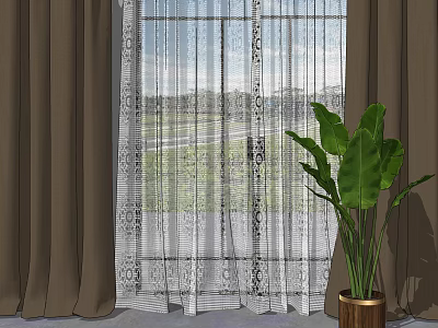 Sheer Curtains With Pattern And Dark Brown Curtains Beside Green Plant By Window 3d model