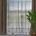 Sheer Curtains With Pattern And Dark Brown Curtains Beside Green Plant By Window