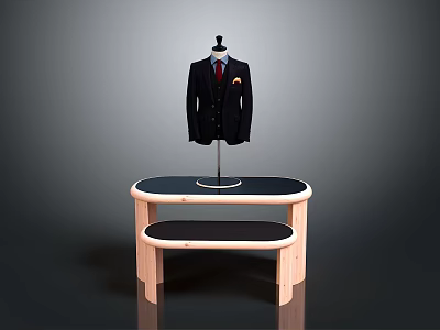 Formal Black Suit On Mannequin With Wooden Two Tiered Display Stand 3d model