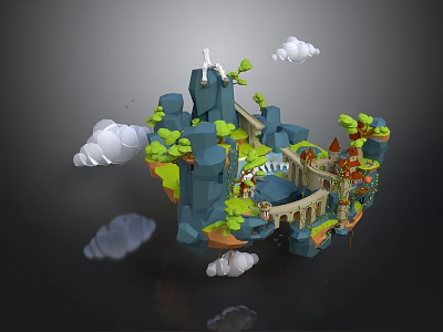 Floating Fantasy Island With Mountains Green Vegetation Bridge Buildings And Clouds 3d model