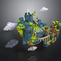 Floating Fantasy Island With Mountains Green Vegetation Bridge Buildings And Clouds