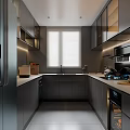 Modern Gray Kitchen Interior With Cabinets Countertop Sink Appliances And Window Blinds