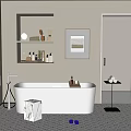 White Free Standing Bathtub in Modern Bathroom with Wall Shelf Framed Art and Tiled Floor