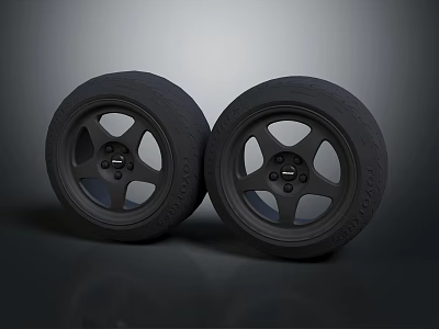 Two Black Car Tires With Alloy Wheels And Spoke Design On Dark Background 3d model