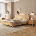 Double Bed with Wooden Headboard Nightstands Abstract Painting and Pendant Light in Modern Minimalist Style