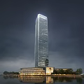 Modern High Rise Office Building with Glass Curtain Wall Waterfront Reflection and Surrounding Trees