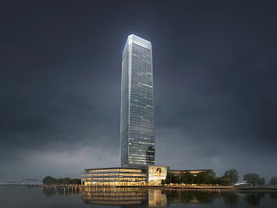 Modern High Rise Office Building with Glass Curtain Wall Waterfront Reflection and Surrounding Trees 3d model