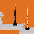 Black and White Electric Toothbrushes on Shelf with Orange Background and White Vase