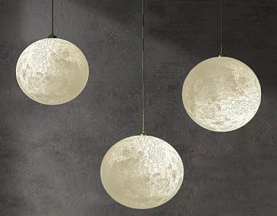 Three Ivory White Spherical Pendant Lights With Moon Surface Texture On Dark Wall 3d model