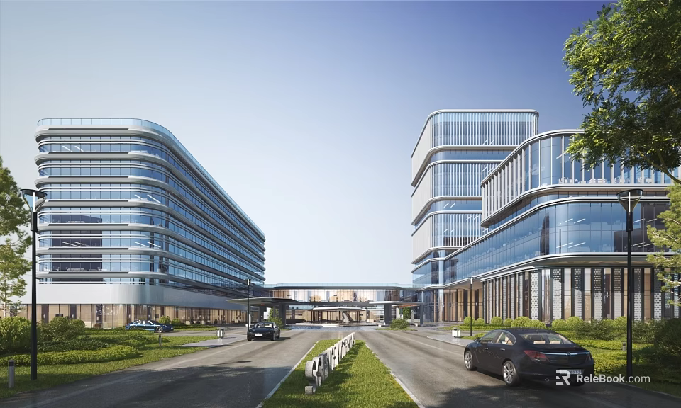 Modern Office Complex With Two Tall Buildings Connecting Bridge Road With Moving Cars Surrounding Greenery 3d model 
