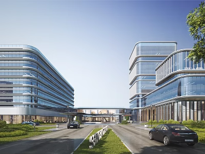 Modern Office Complex With Two Tall Buildings Connecting Bridge Road With Moving Cars Surrounding Greenery 3d model