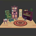 Colorful Living Room Furniture With Armchair Bookshelf Piano And Round Rug