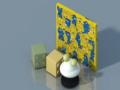 Decorative Yellow Pet Cabinet With Blue Cartoon Patterns And Colorful Cubes 3d model