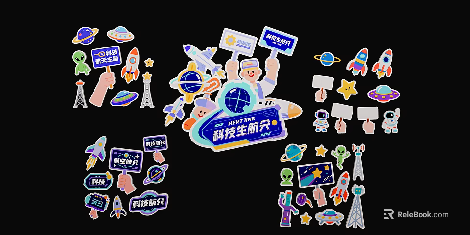 Handheld Signs with Science Technology Theme Globe Rockets Astronauts and Space Elements 3d model 