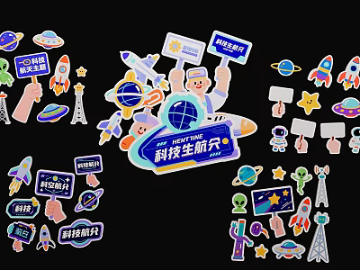 Handheld Signs with Science Technology Theme Globe Rockets Astronauts and Space Elements 3d model
