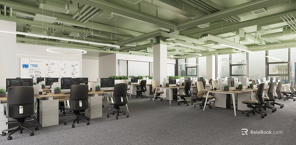 Modern Public Office Space With Green Ceiling Open Layout Desks Computers Windows And Plants 3d model