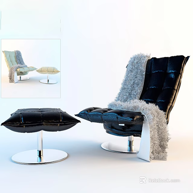 Black Leather Lounge Chair With Faux Fur Throw And Matching Ottoman On Chrome Base 3d model 