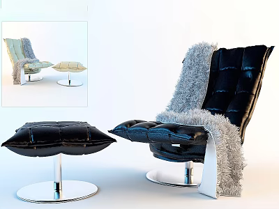 Black Leather Lounge Chair With Faux Fur Throw And Matching Ottoman On Chrome Base 3d model