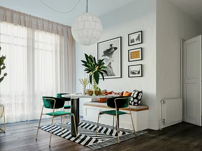 Modern Restaurant Interior With Green Chairs Table Plants Wall Art And Pendant Light 3d model