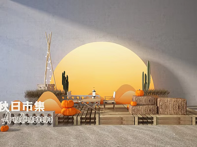 Artistic Autumn Market With Sunset Backdrop Pumpkins Cacti And Wooden Tables 3d model