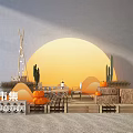 Artistic Autumn Market With Sunset Backdrop Pumpkins Cacti And Wooden Tables