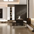 Modern Office Interior Design With Sofa Coffee Table Shelves And Floor to Ceiling Windows