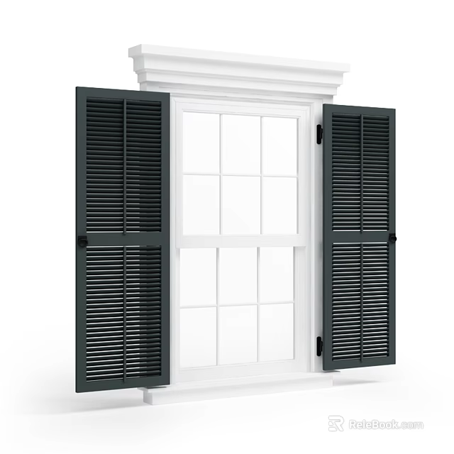Classic Casement Window With White Frame And Black Wooden Shutters Design 3d model 