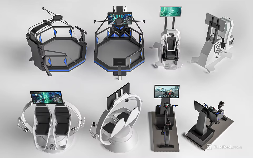 Advanced Virtual Reality Simulation Devices With Seats Consoles And Screens 3d model 