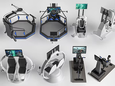 Advanced Virtual Reality Simulation Devices With Seats Consoles And Screens 3d model