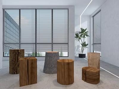 Natural Wooden Log Stools In Modern Interior With Large Windows And Potted Plant 3d model