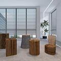 Natural Wooden Log Stools In Modern Interior With Large Windows And Potted Plant