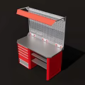 Functional Utility Workbench with Red Cabinet Drawers Pegboard and Open Shelves 3d model