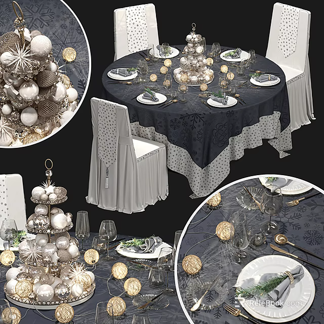 Elegant Tableware Set With Dark Tablecloth White Chairs And Decorative Ornaments 3d model 